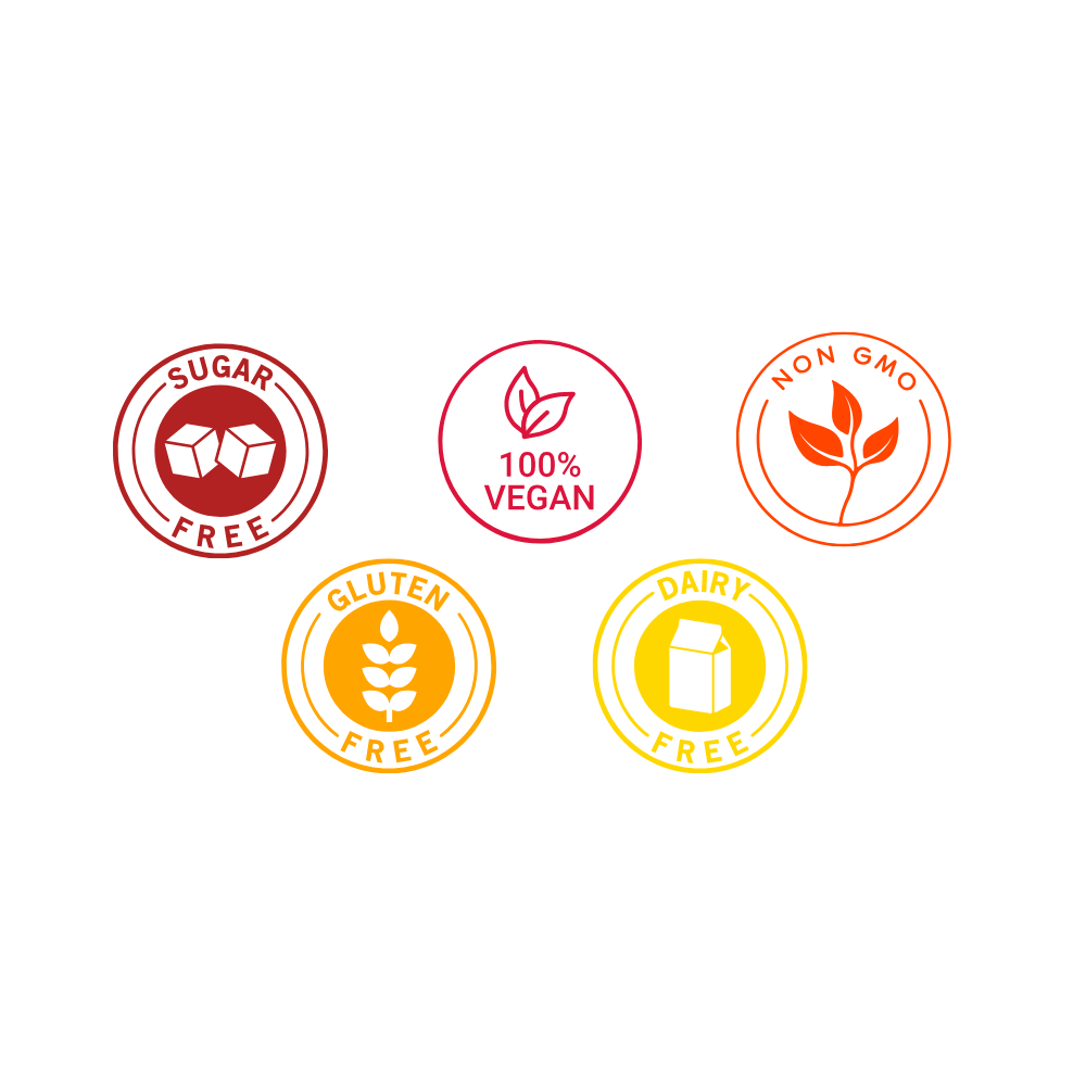 Five icons creating a gradient of colors from dark red to bright yellow. Text states: Sugar Free, 100% Vegan, Non GMO, Gluten Free, Dairy Free.