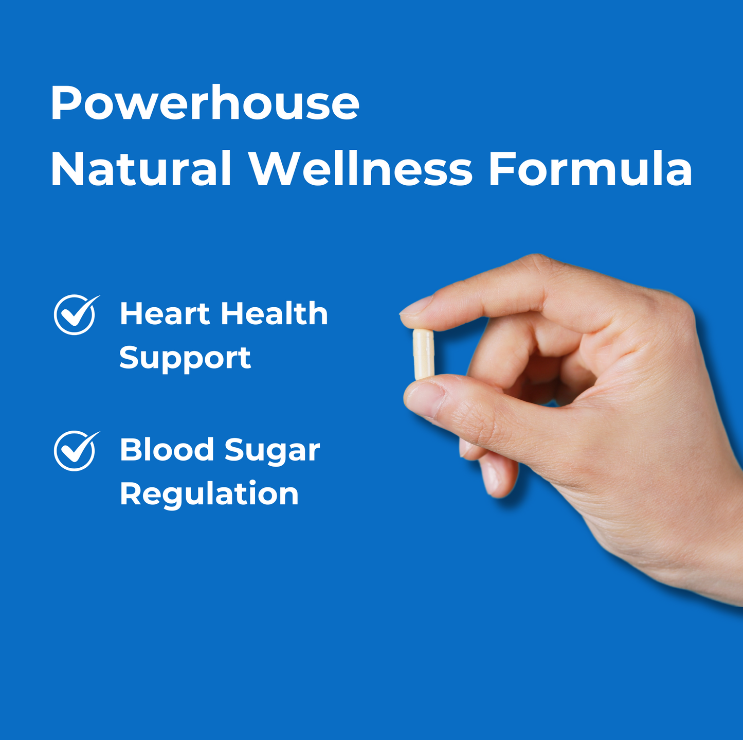 A hand holding a Berberine+ capsule between two fingers against a bright blue background. Text states: Powerhouse natural wellness formula. Heart health support. Blood sugar regulation.