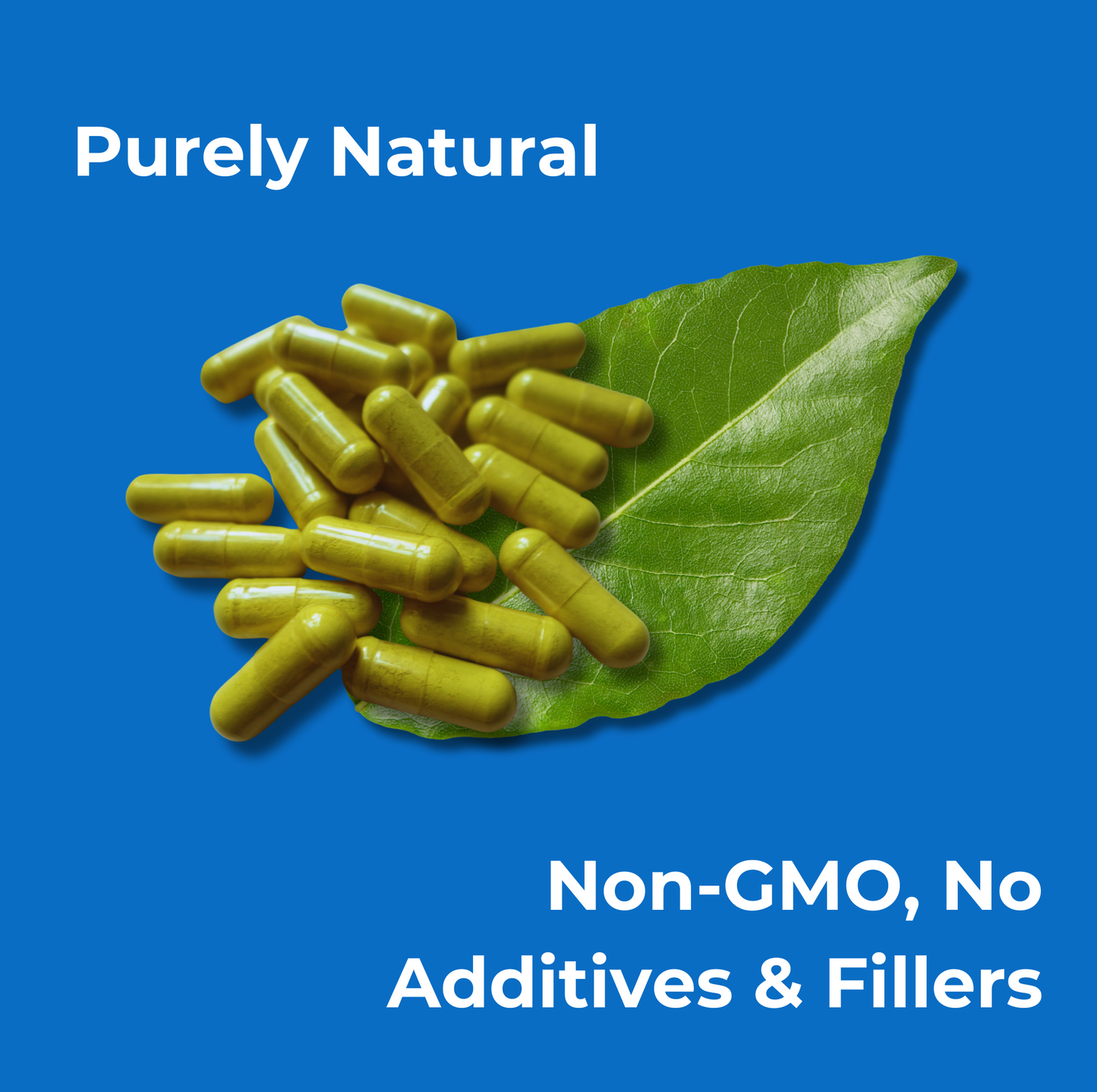 Berberine+ capsules and a green leaf against a bright blue background. Text states: Purely natural. Non-GMO, no additives and fillers.