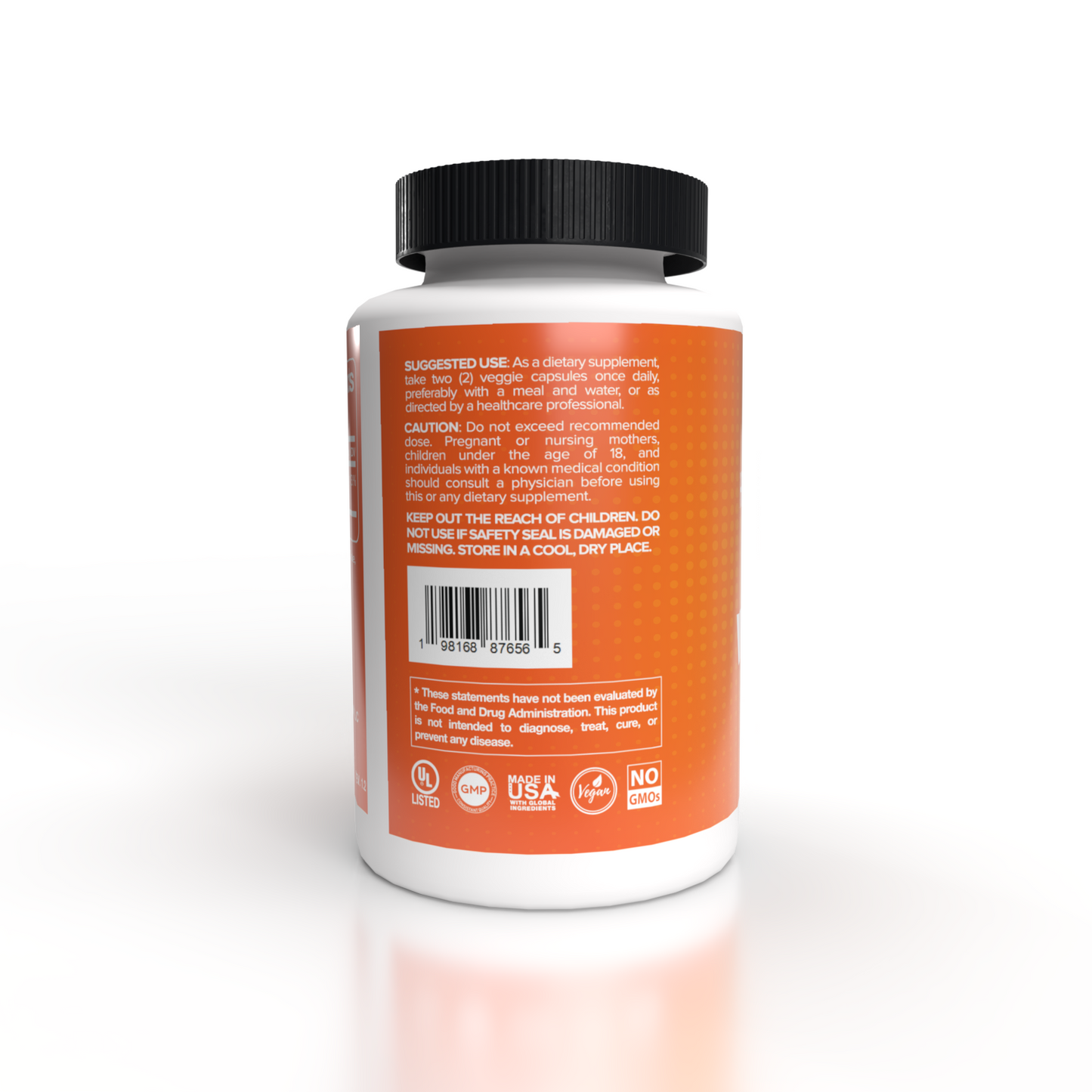 Happy Balanced Health Vitamin C bottle labels FDA panel facing the camera, placed against a white background. The suggested use instructions, caution warnings, FDA disclaimer, and manufacturer certifications are all visible.