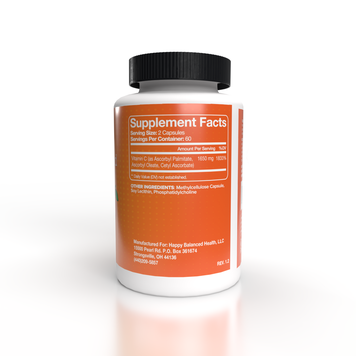 Happy Balanced Health Vitamin C dietary supplement bottle label supplement facts panel facing the camera. The bottle is placed upright against a white background.