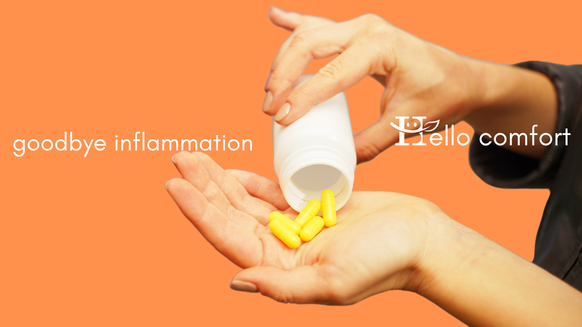 A person pouring out yellow dietary supplement capsules onto their hand, against a bright orange background. Text states: Goodbye inflammation, hello comfort.