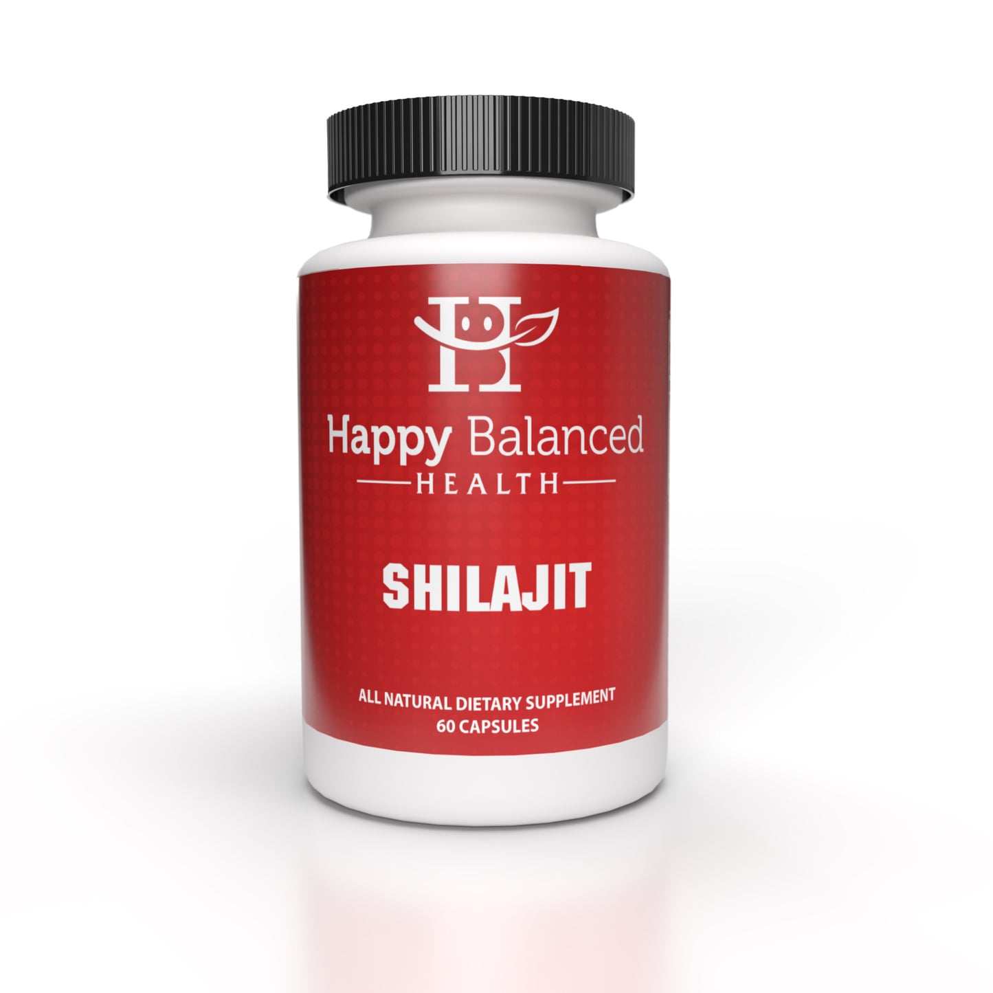 Happy Balanced Health Shilajit dietary supplement bottle facing the camera against a white background.