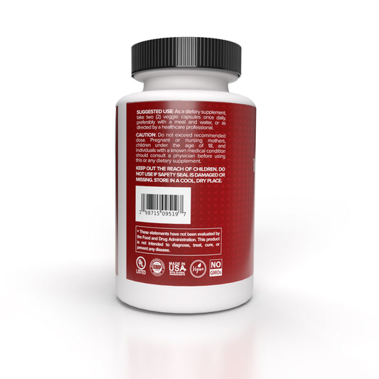 Happy Balanced Health Shilajit bottle label's FDA panel facing the camera, placed against a white background. The suggested use instructions, caution warnings, FDA disclaimer, and manufacturer certifications are all visible.