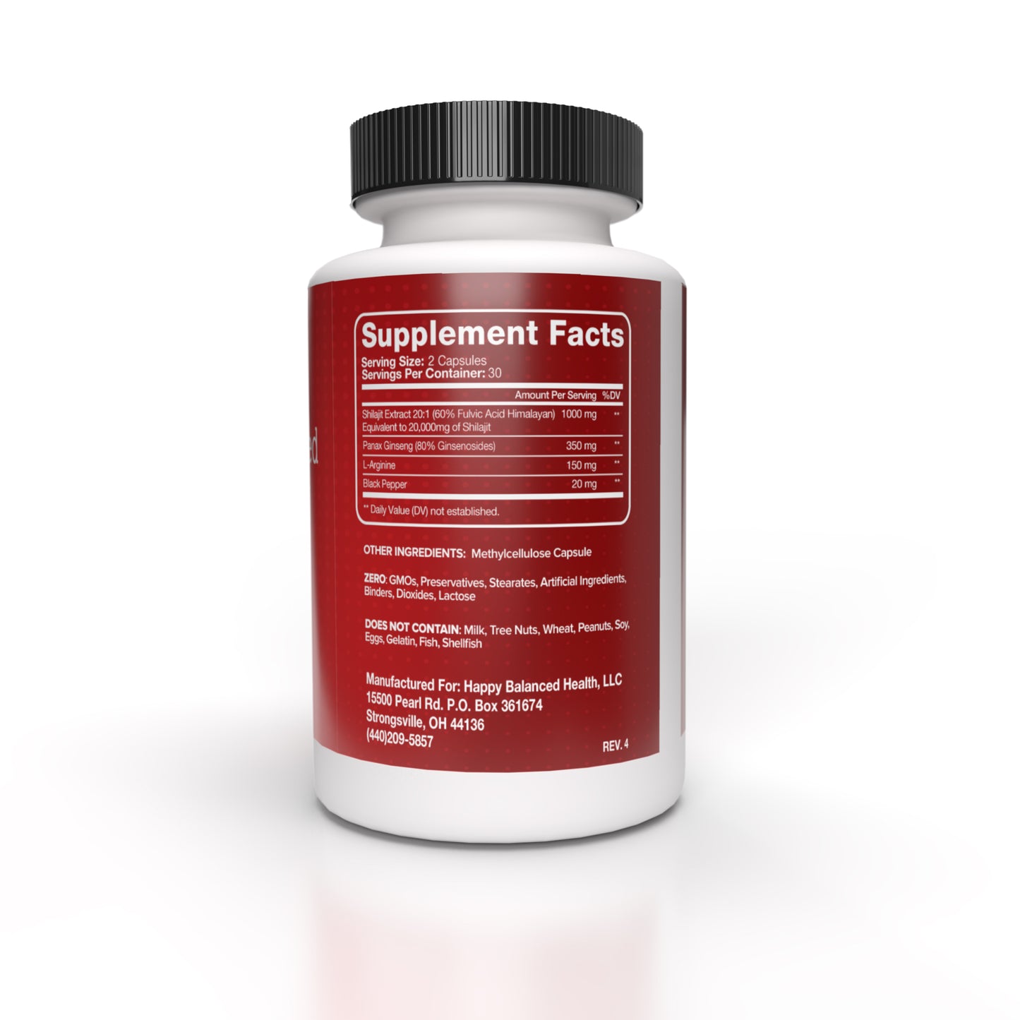 Happy Balanced Health Shilajit bottle label's Supplement Facts panel facing the camera, placed against a white background.