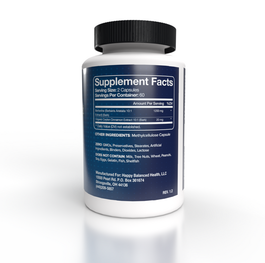Happy Balanced Health Berberine+ bottle label's Supplement Facts panel facing the camera against a white background.