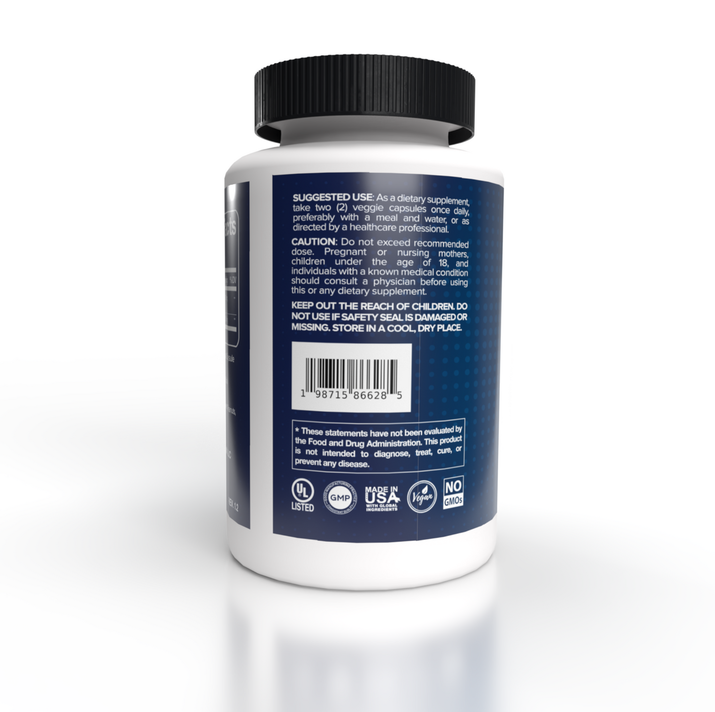 Happy Balanced Health Berberine+ bottle label's FDA panel facing the camera, placed against a white background. The suggested use instructions, caution warnings, FDA disclaimer, and manufacturer certifications are all visible.