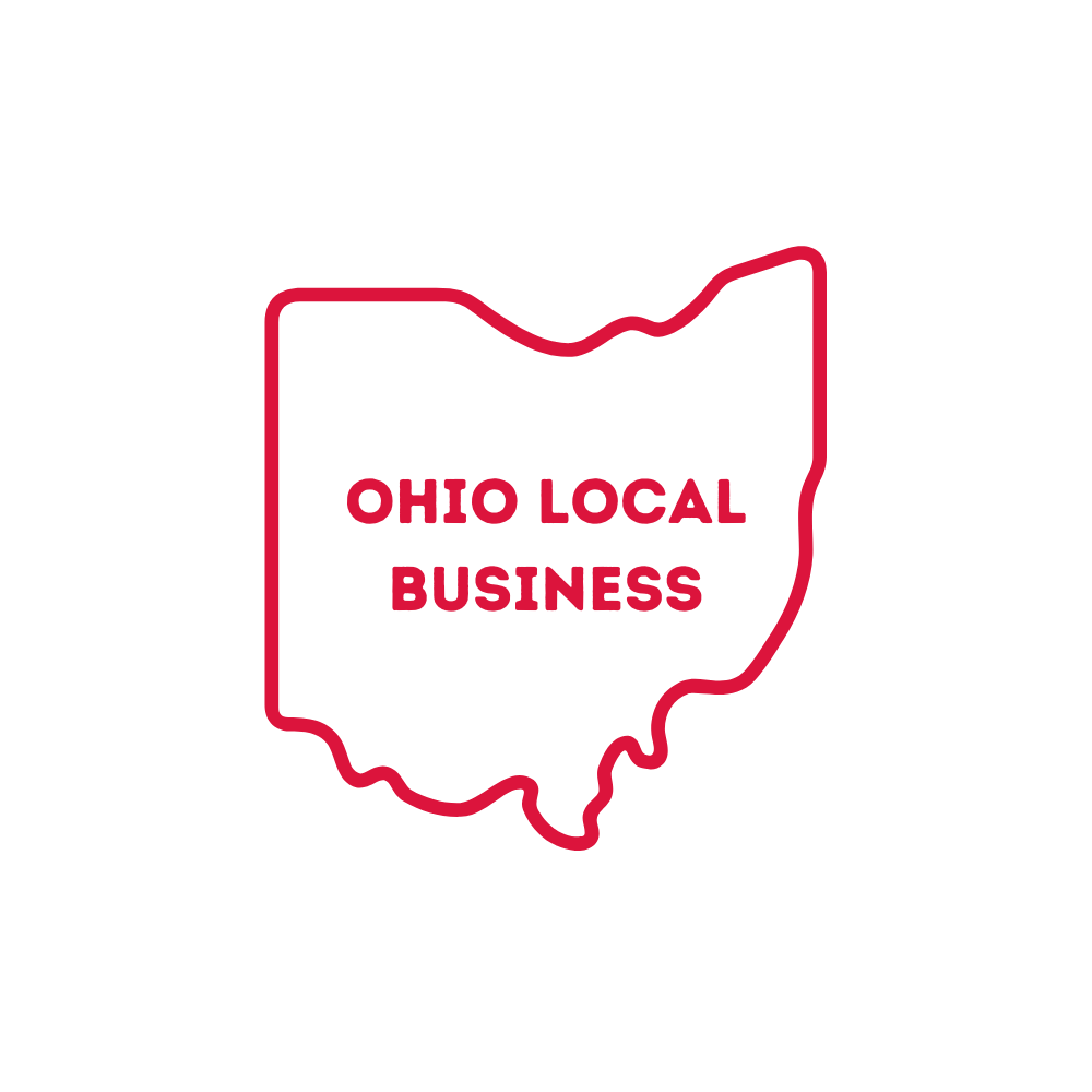 Red outline of the state of Ohio with text in the middle that states: Ohio local business.