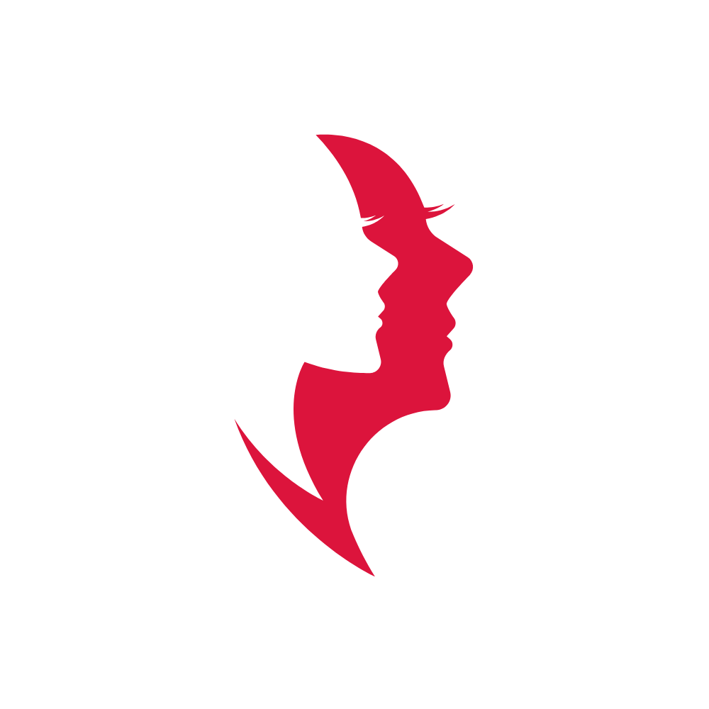 A red and white silhouette of two women's faces.