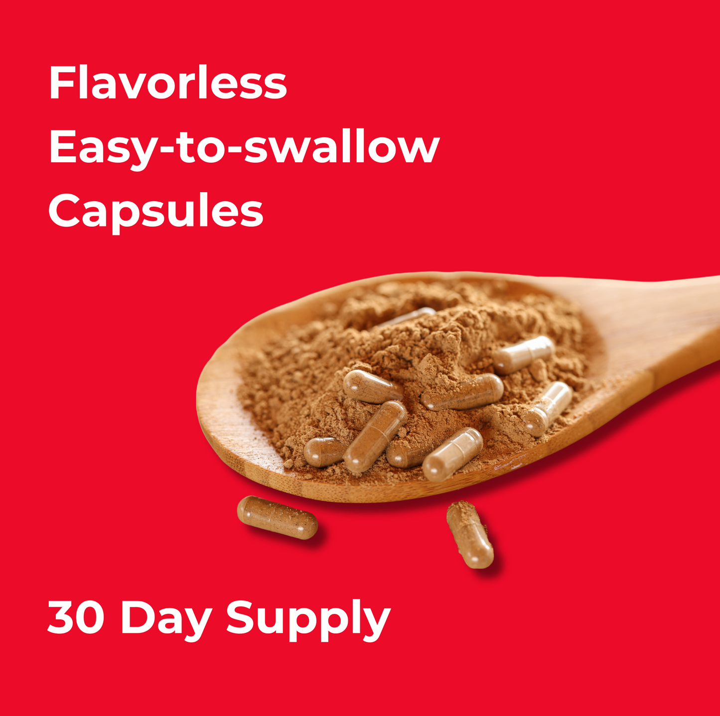 A wooden spoon filled with shilajit powder and capsules placed against a bright red background. Text states: Flavorless easy-to-swallow capsules. 30 day supply.
