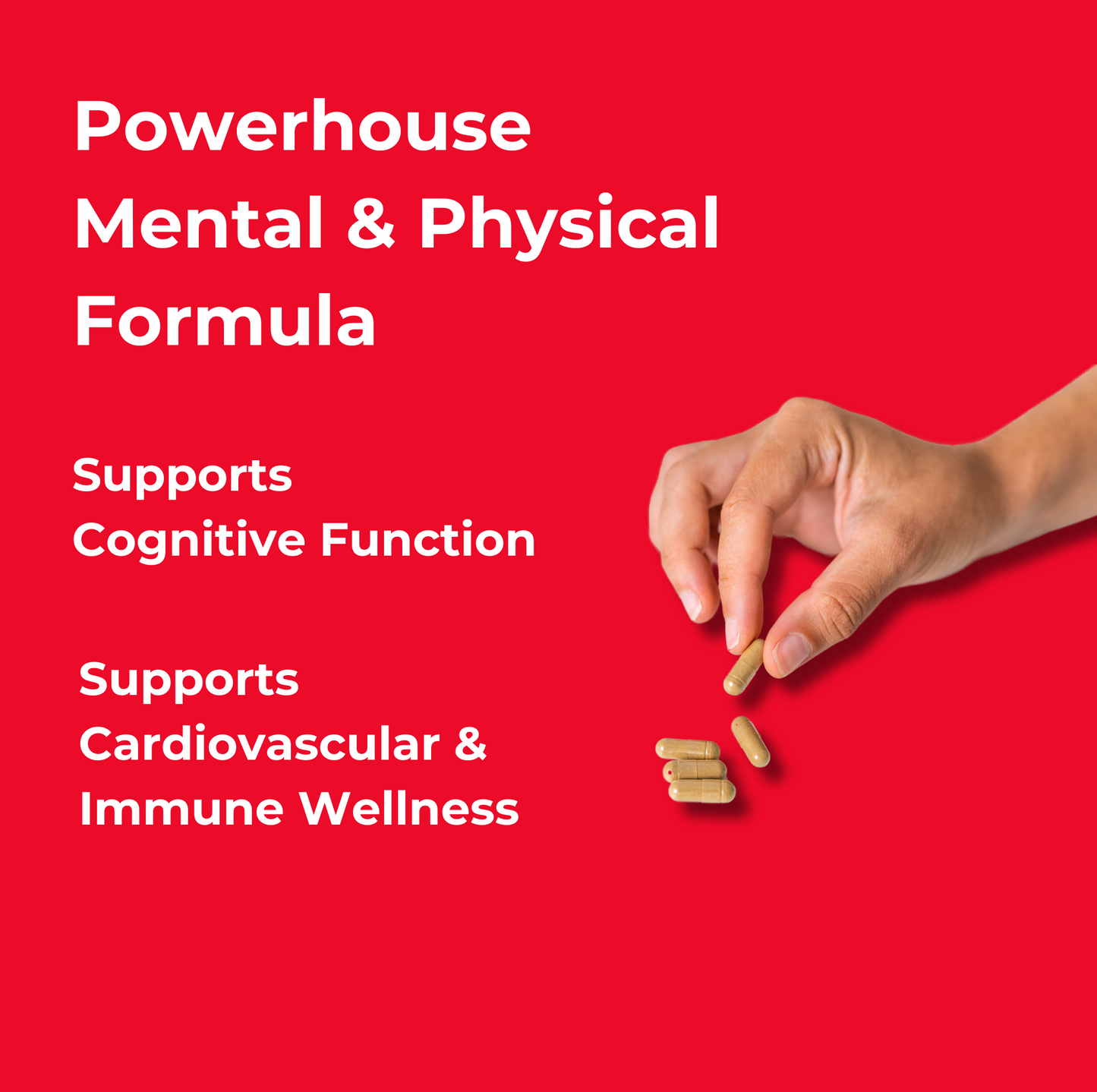 A hand that's dropping a handful of shilajit supplement capsules against a bright red background. Text states: Powerhouse mental and physical formula. Supports cognitive function. Supports cardiovascular and immune wellness.