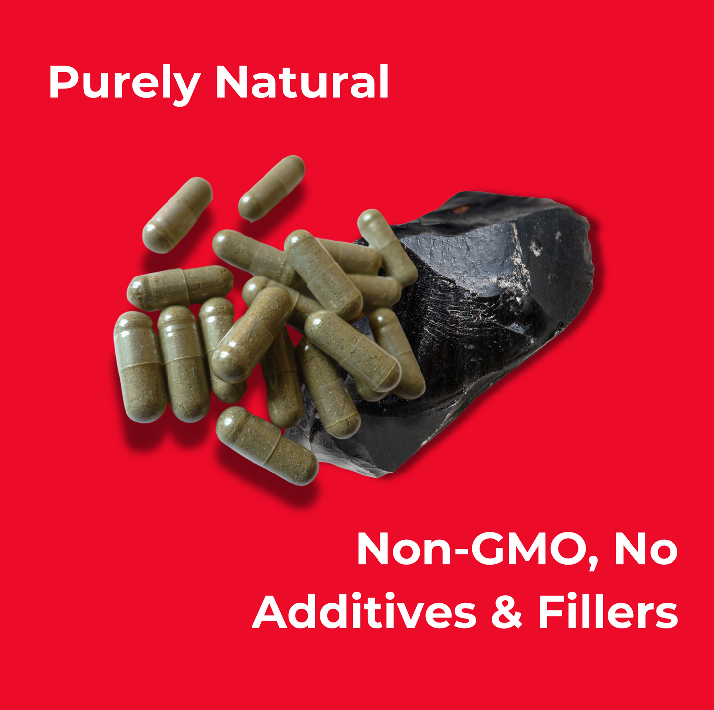 Shilajit capsules and shilajit resin placed against a bright red background. Text states: Purely natural. Non-GMO, no additives and fillers.