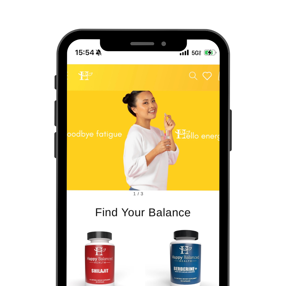 A phone with the Happy Balanced Health store homepage pulled up on its screen.