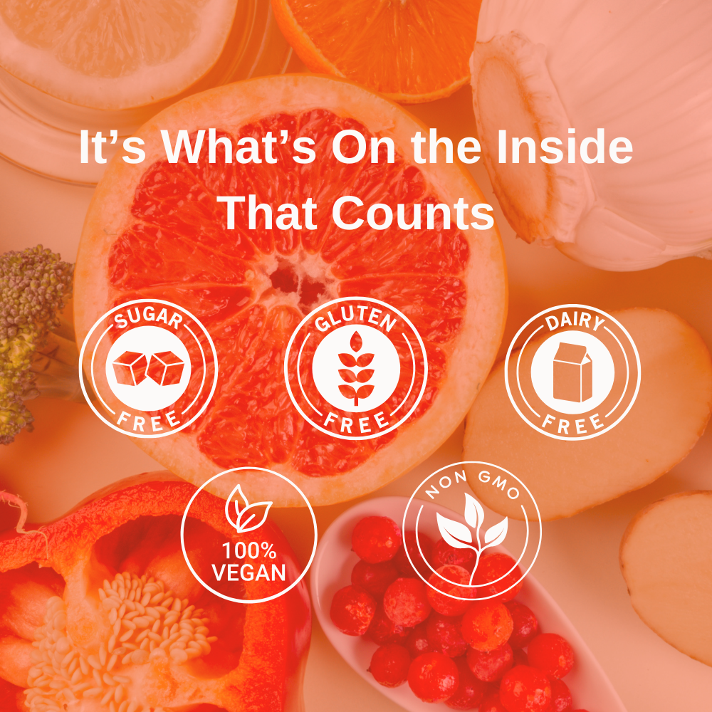 A group of vitamin c rich vegetables and fruits with overlay text that states: It's what's on the inside that counts. There are also overlay symbols for sugar free, gluten free, dairy free, 100% vegan, and non-gmo.