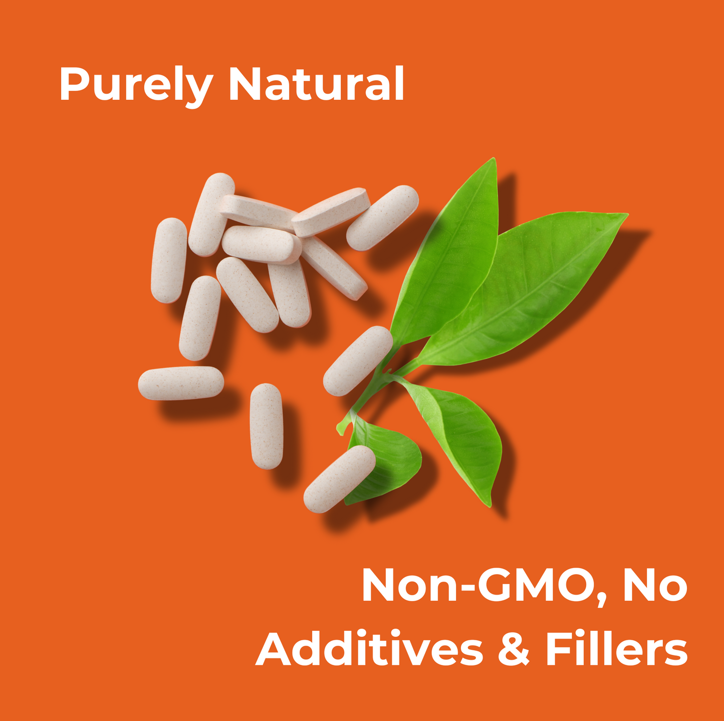 Vitamin C capsules and green leaves floating against a bright orange background. Text states: Purely Natural. Non-GMO, no additives, and fillers.