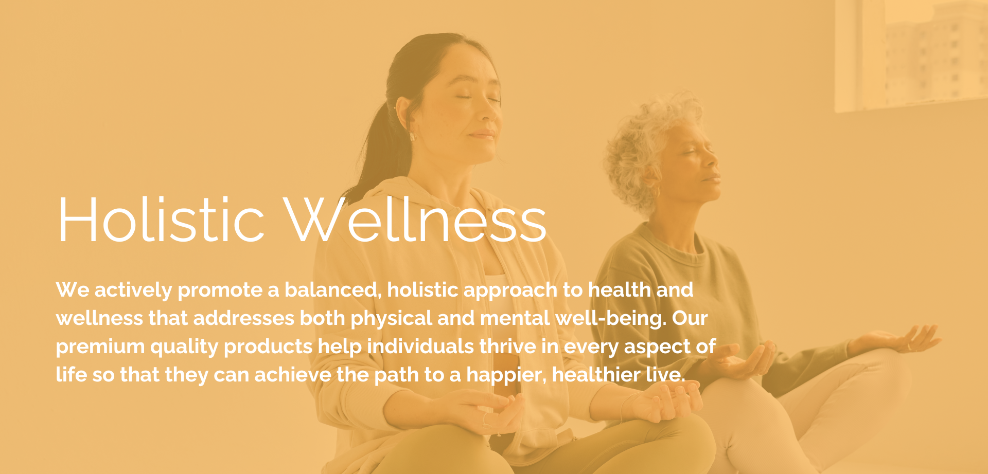 Two women meditating next to each other with a light orange filter over them. Text states: Holistic wellness. We actively promote a balanced, holistic approach to health and wellness that addresses both physical and mental well-being. Our premium quality products help individuals thrive in every aspect of their life so that they can achieve the path to a happier, healthier life. 