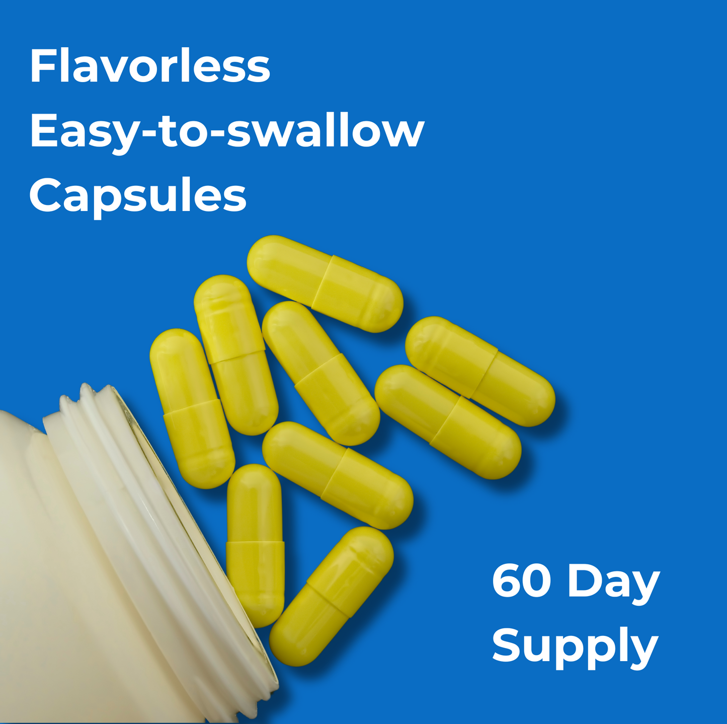 Berberine+ bottle with capsules spilling out against a bright blue background. Text states: Flavorless easy-to-swallow capsules. 60 day supply. 