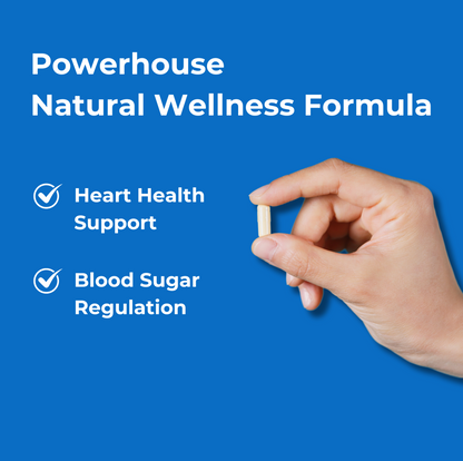 A hand holding a Berberine+ capsule between two fingers against a bright blue background. Text states: Powerhouse natural wellness formula. Heart health support. Blood sugar regulation.