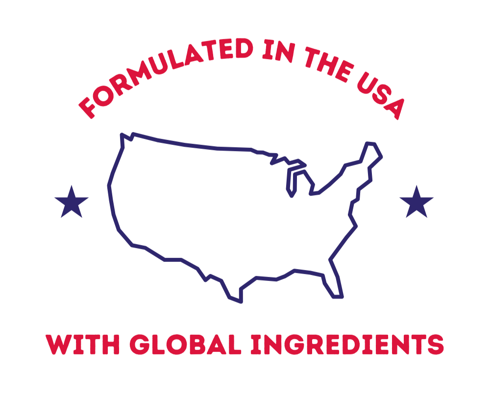 A blue outline of the USA with two blue stars on each side. Text states: Formulated in the USA with Global Ingredients.