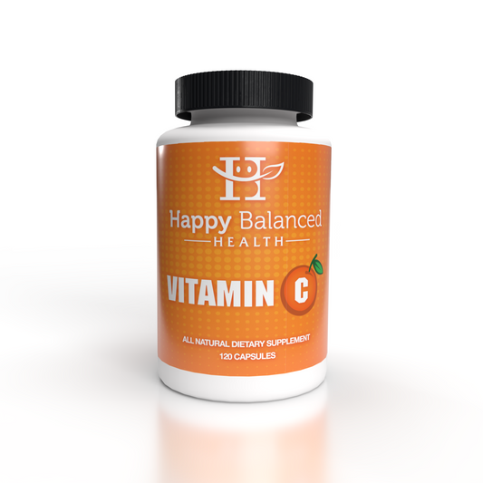 Happy Balanced Health Vitamin C dietary supplement bottle against a white background.