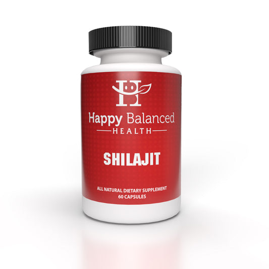 Happy Balanced Health Shilajit dietary supplement bottle facing the camera against a white background.