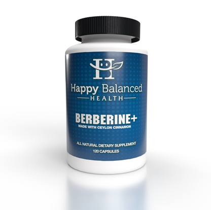 Happy Balanced Health Berberine+ dietary supplement bottle facing the camera against a white background.