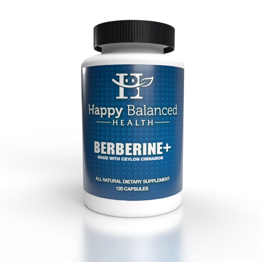 Happy Balanced Health Berberine+ dietary supplement bottle facing the camera against a white background.