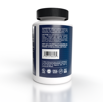 Happy Balanced Health Berberine+ bottle label's FDA panel facing the camera, placed against a white background. The suggested use instructions, caution warnings, FDA disclaimer, and manufacturer certifications are all visible. 