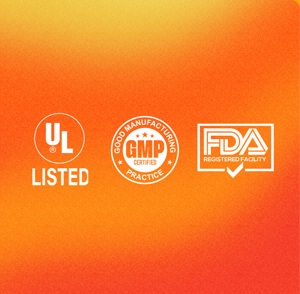 The UL Listed, cGMP, and FDA Registered certifications against a bright orange gradient background.
