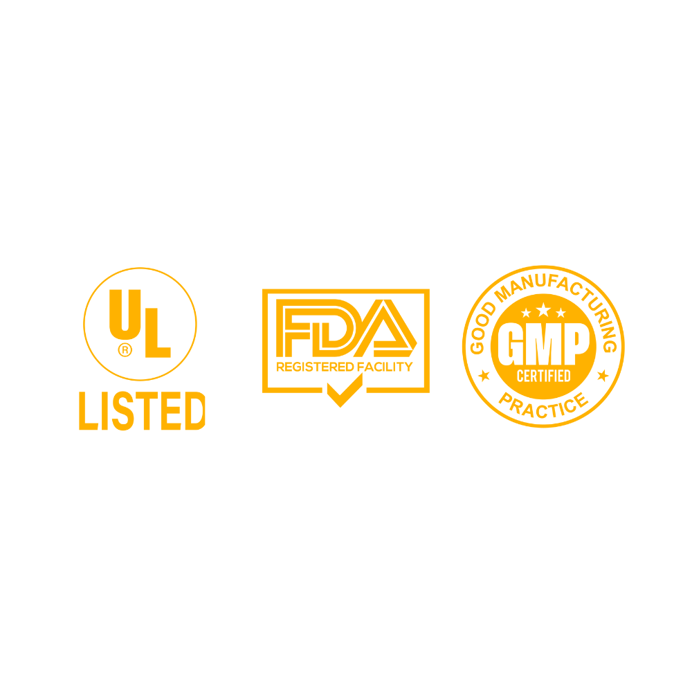 The UL Listed, FDA Registered Facility, and GMP certifications lined up next to each other.